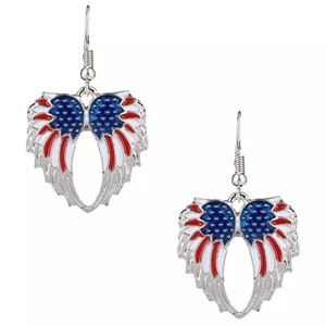 Patriotic American Flag Silver Angel Wing Earrings